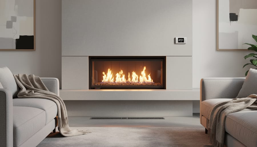 Modern gas fireplace with ceramic logs and flames in contemporary living room
