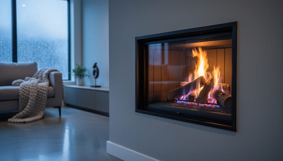 Modern built-in gas fireplace burning in a contemporary living room at winter twilight, with warm firelight, a knit throw on the sofa, and a frosty window in the background.