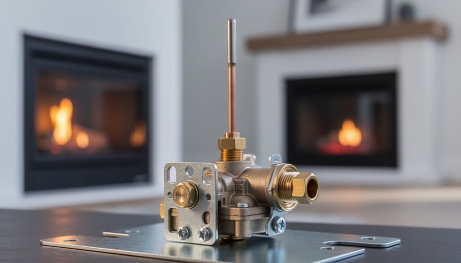 Close-up of a gas fireplace safety valve and pilot assembly with the thermocouple in focus, warm flame glow, and a softly blurred living room background.