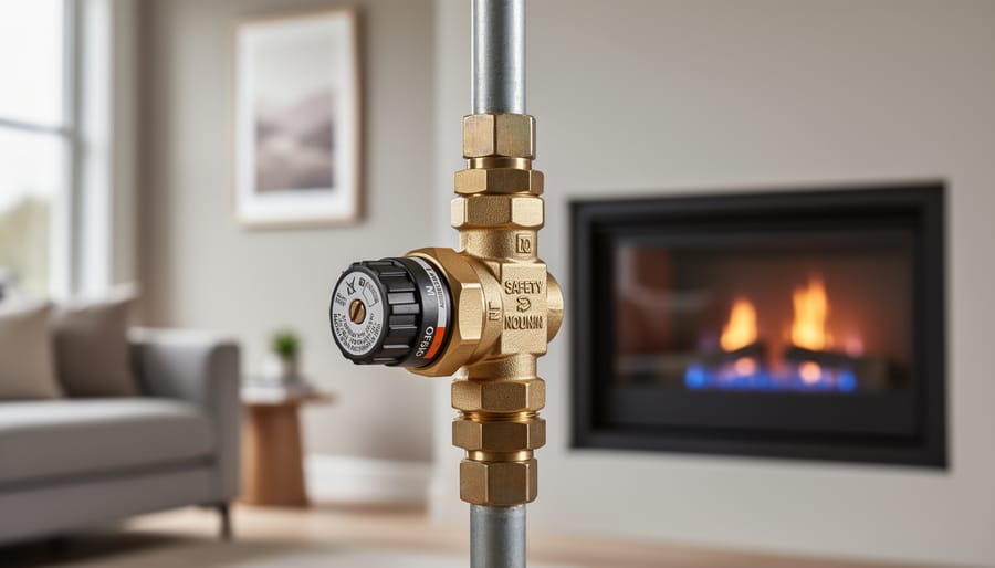 Close-up of brass gas fireplace safety valve showing mechanical components and connections
