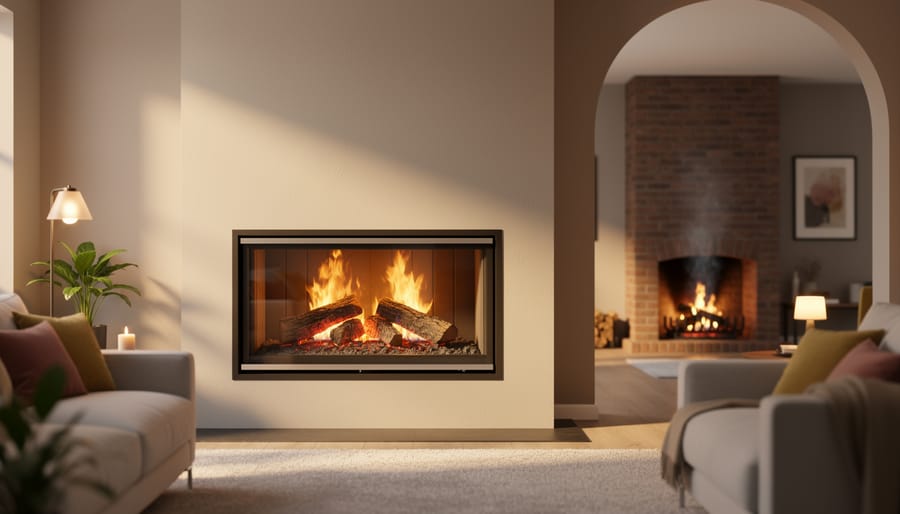Modern glass-front gas fireplace in sharp focus, with a softly blurred traditional brick fireplace in the background where logs are catching from a small gas starter flame under the grate.