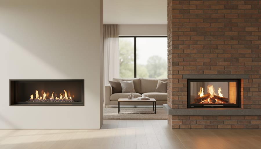 Eye-level wide shot of a living room with two fireplaces: a modern built-in linear gas fireplace on the left and a brick fireplace fitted with a glass-front gas insert on the right, softly lit by daylight and fire glow with neutral furnishings in the background.
