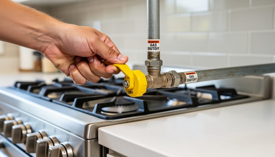 Hand in safety glove turning gas shutoff valve before stove repair
