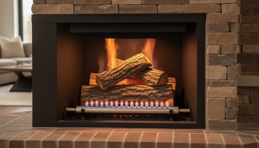 Gas starter pipe and valve installed in brick fireplace with firewood