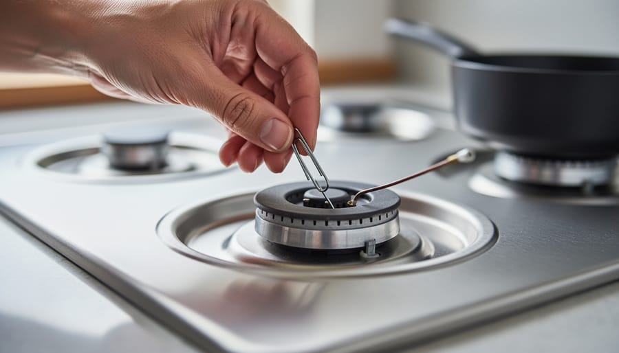 Hand using a straightened paperclip to clean clogged gas stove burner ports on a stainless-steel cooktop, with burner cap removed and igniter and thermocouple visible in soft natural daylight.