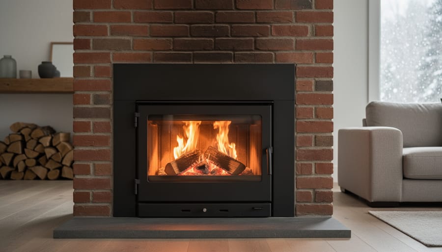 Modern high-efficiency wood stove insert in a brick fireplace with a bright flame, stacked firewood, simple mantel decor, and a cozy living room visible in soft focus.