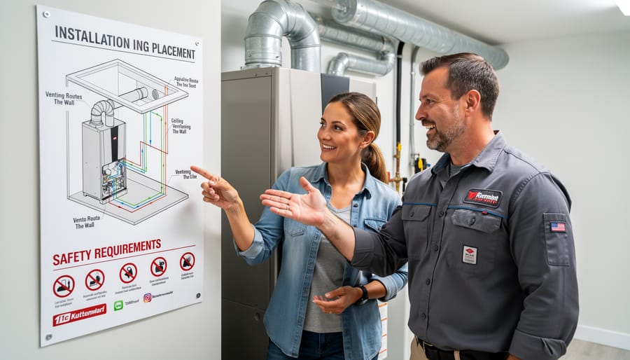 Homeowner consulting with professional installer about gas fireplace installation details