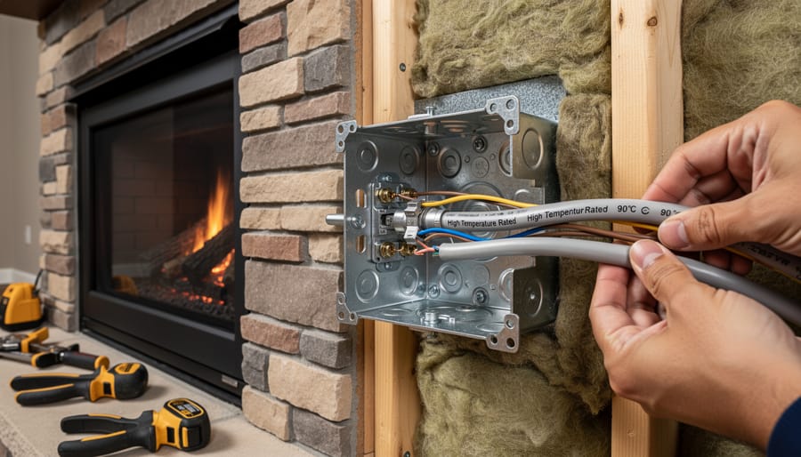 Electrician installing junction box with high-temperature wiring near fireplace
