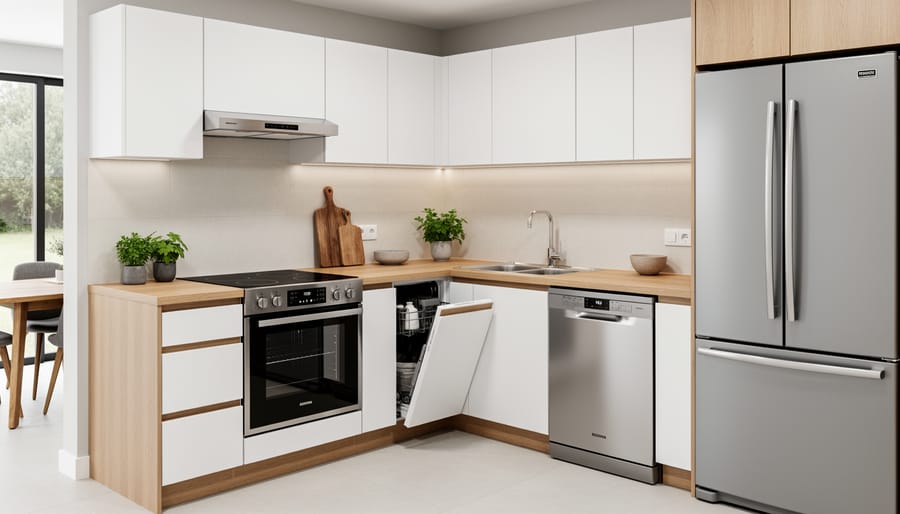 Modern L-shaped kitchen with an induction range on the short leg, sink and dishwasher on the same run, counter-depth refrigerator at the end of the longer leg, and a corner cabinet organizer, shown in warm wood and white finishes under soft daylight.