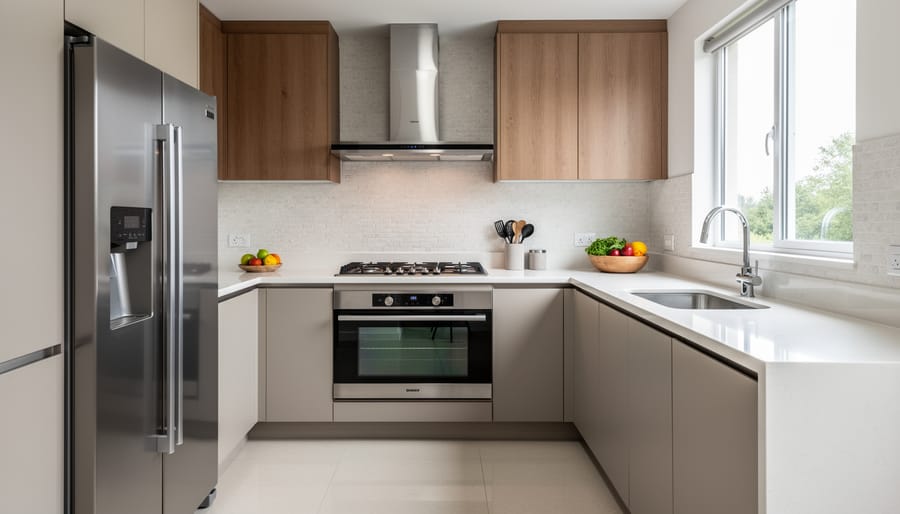 Modern L-shaped kitchen with appliances positioned along two perpendicular walls