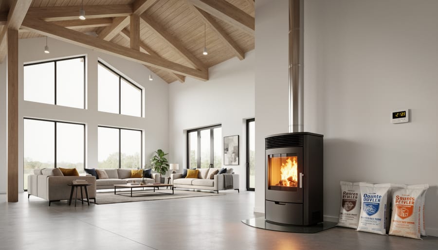 Spacious open floor plan living area with high ceilings and large windows