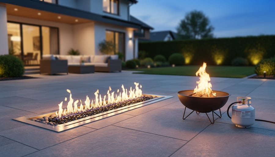 Modern backyard at dusk featuring a built-in linear natural gas fire pit on a stone patio and a portable propane fire bowl with a white propane tank nearby, with seating and landscaped plants in the background.