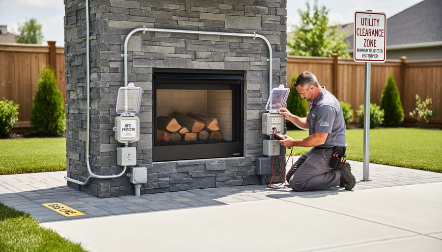 Outdoor fireplace with weatherproof electrical conduit and outlet installation