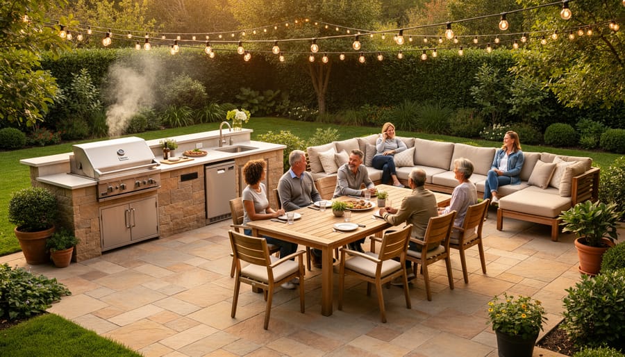 Backyard patio setup with smoker near outdoor fireplace and dining area