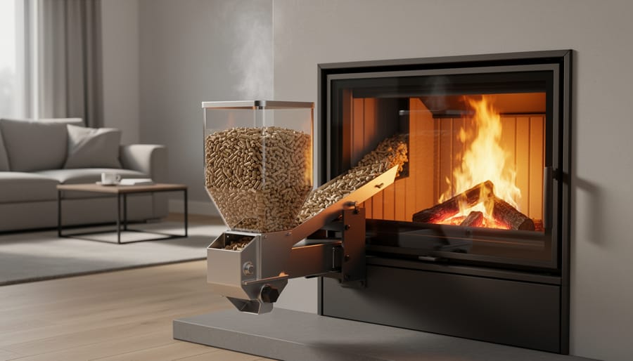 Modern pellet fireplace showing hopper system and burning pellets through glass door