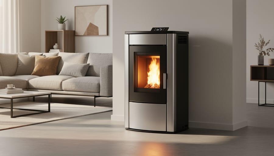 Burning wood pellets in modern pellet stove with visible flames through glass door