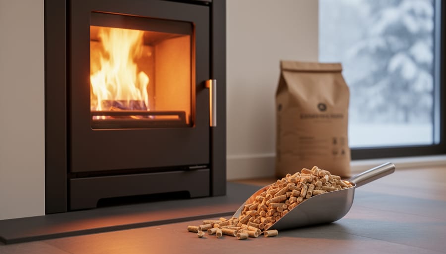 Modern pellet stove with bright, clean flame and a stainless scoop of uniform wood pellets on the hearth, with a softly blurred living room and plain unlabeled pellet bag in warm evening light.