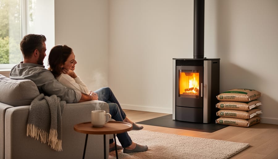 Modern pellet stove with visible flames installed in residential living room