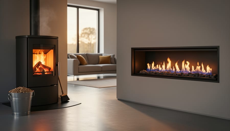 Modern living room with a lit freestanding pellet stove and bucket of pellets on the left and a lit built-in gas fireplace on the right, photographed eye-level with warm side lighting and a softly blurred background.