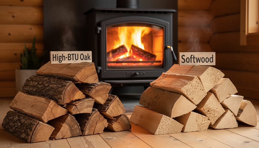 Stack of split oak firewood logs showing grain patterns and texture