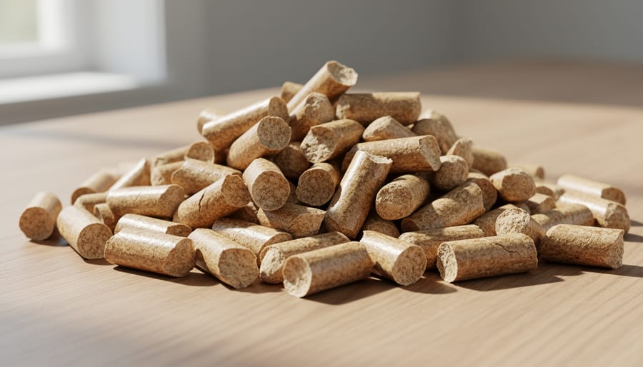 Close-up of premium wood fuel pellets held in hand showing uniform shape and texture