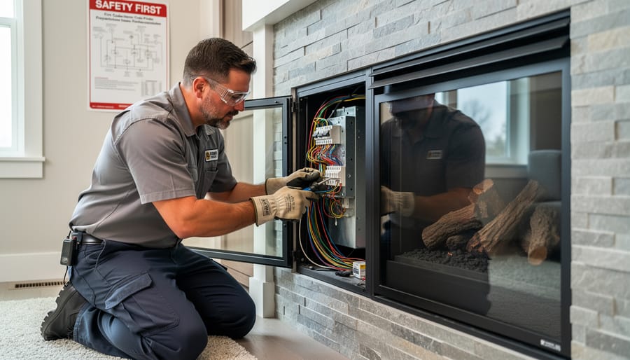 Professional electrician inspecting electrical connections near fireplace installation