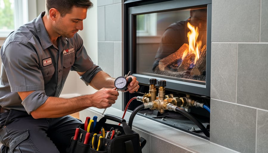 Certified technician inspecting and servicing gas fireplace safety valve components