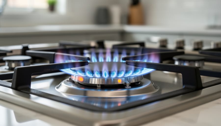 Gas stove burner displaying proper blue flame after air shutter adjustment