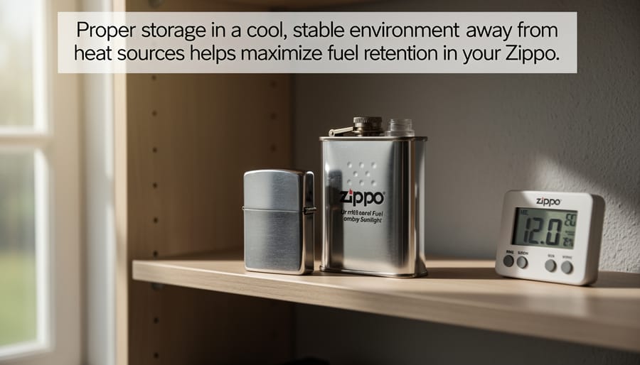 Zippo lighters and fuel properly stored on organized shelf in cool environment