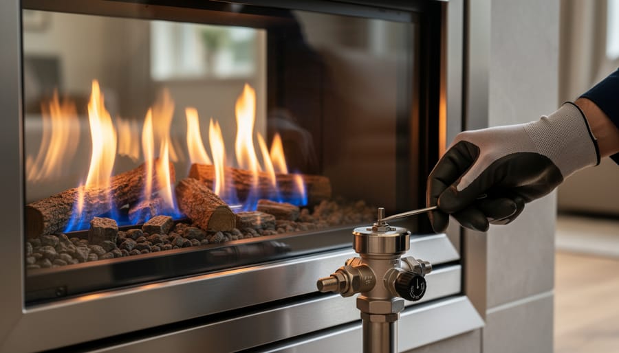 Modern gas fireplace with clean burning flames showing proper safety valve operation