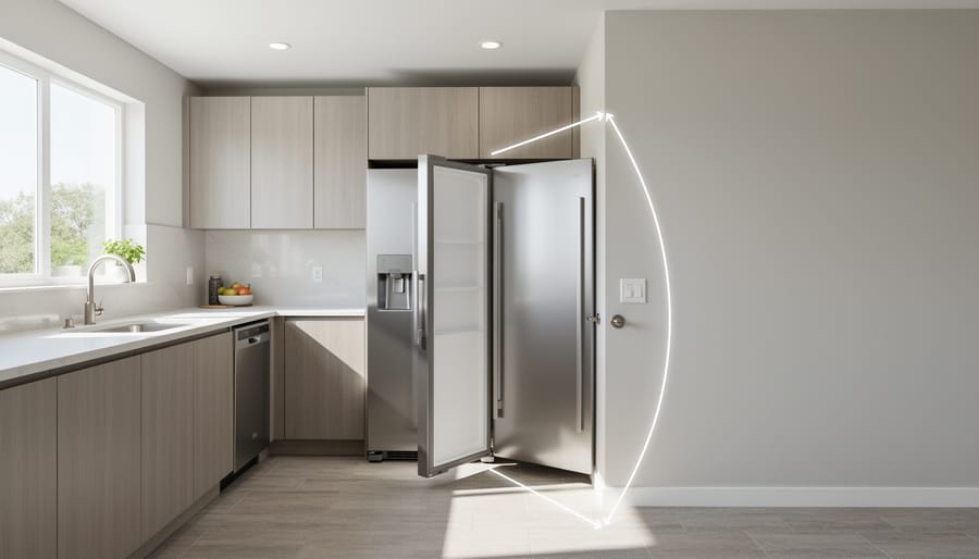 Refrigerator door open in L-shaped kitchen showing clearance space from adjacent cabinets