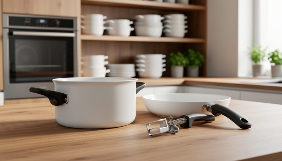 Matte white ceramic saucepan and skillet on a wooden island, one detachable handle attached and another lying beside to show the clamp mechanism, with a blurred modern kitchen, nested pots, and stainless oven in the background.