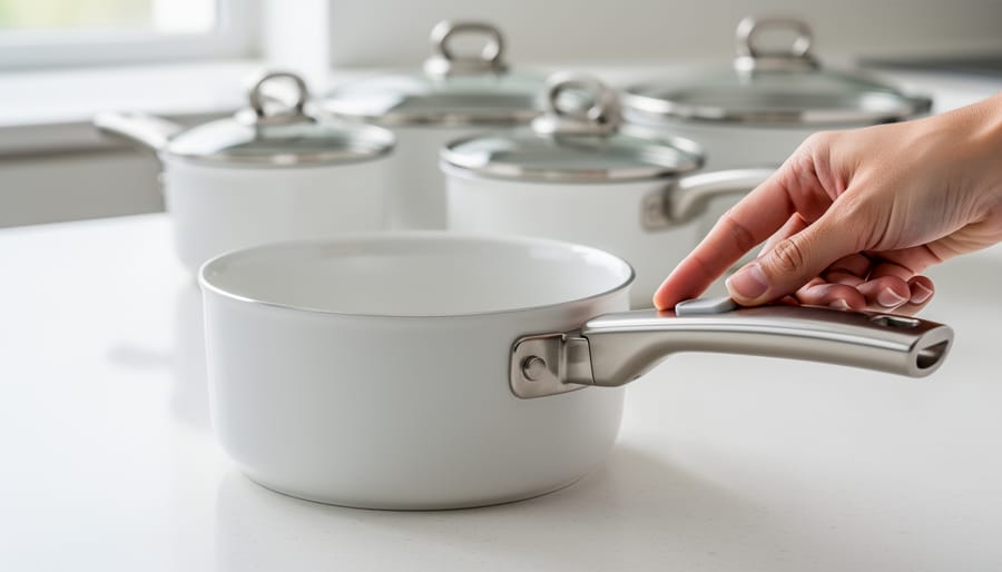 Close-up of removable handle locking mechanism being attached to ceramic pan