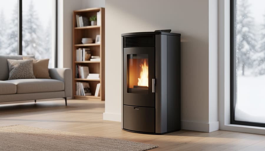Medium-sized modern pellet stove with visible flame heating a cozy contemporary living room with a sofa, area rug, bookshelf, and a window showing light snowfall outside.