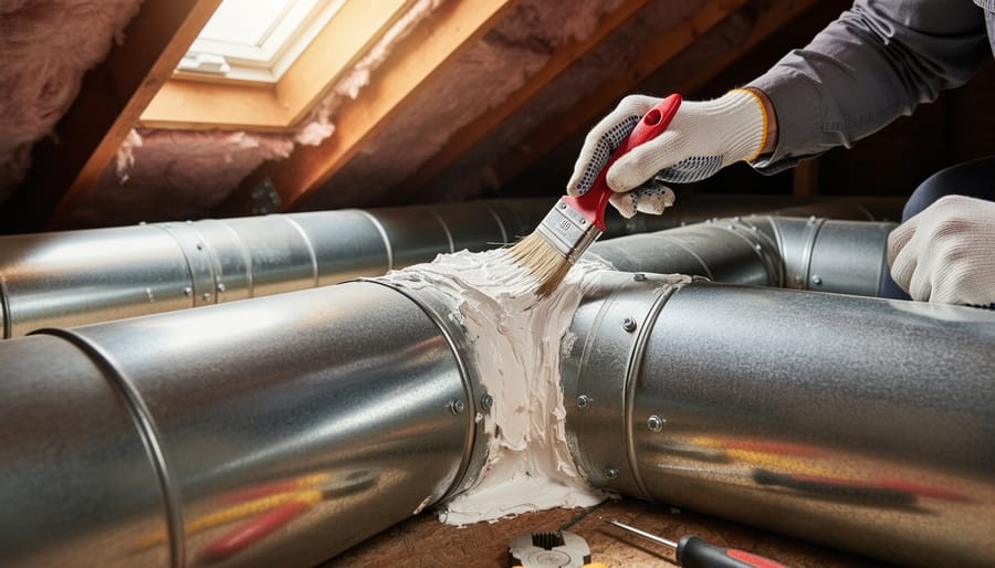 HVAC technician applying mastic sealant to ductwork joint