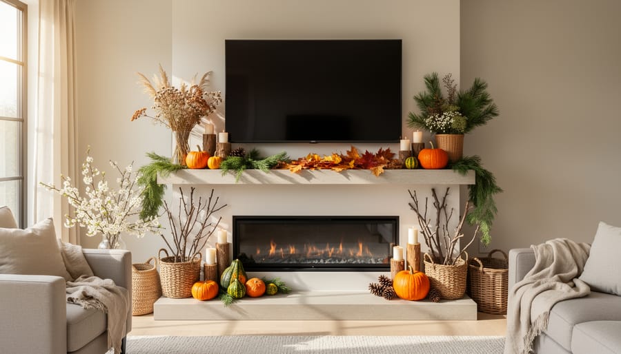 Fireplace mantel decorated with natural autumn elements including pumpkins and wheat with TV above