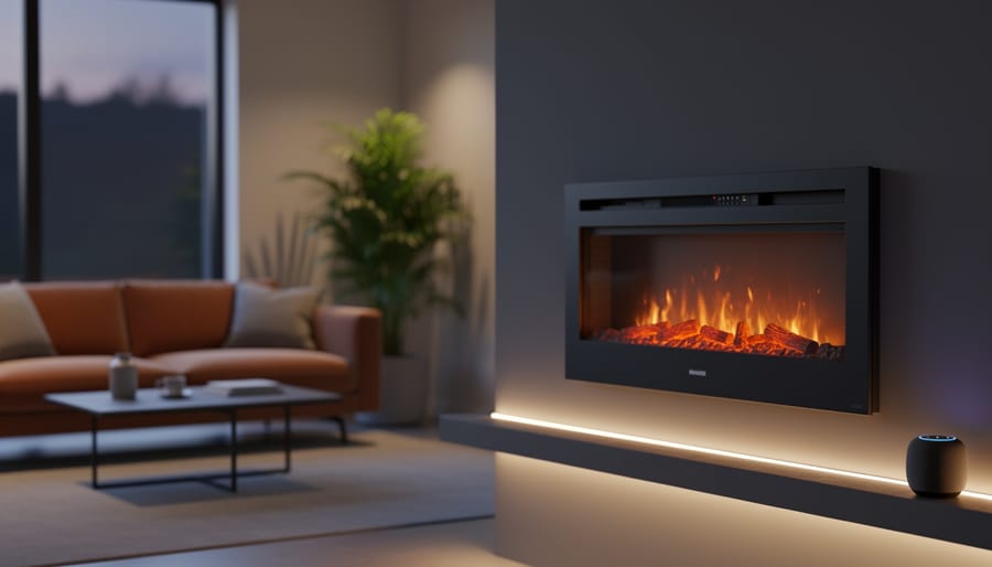 Straight-on view of a flush-mounted smart electric fireplace glowing warm orange in a contemporary living room, with a sofa, coffee table, potted plant, and a small fabric smart speaker softly blurred in the background.