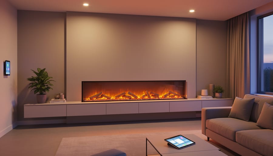 Modern smart electric fireplace insert with glowing flames in contemporary living room