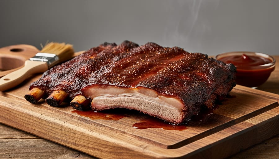 Rack of smoked spare ribs with mahogany bark on smoker grate