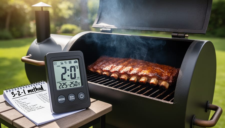 Temperature gauge on smoker showing ideal smoking temperature range