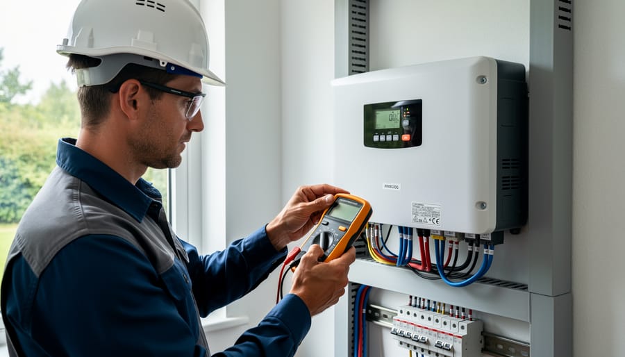 Close-up of commercial solar panel inverter with electrical connections
