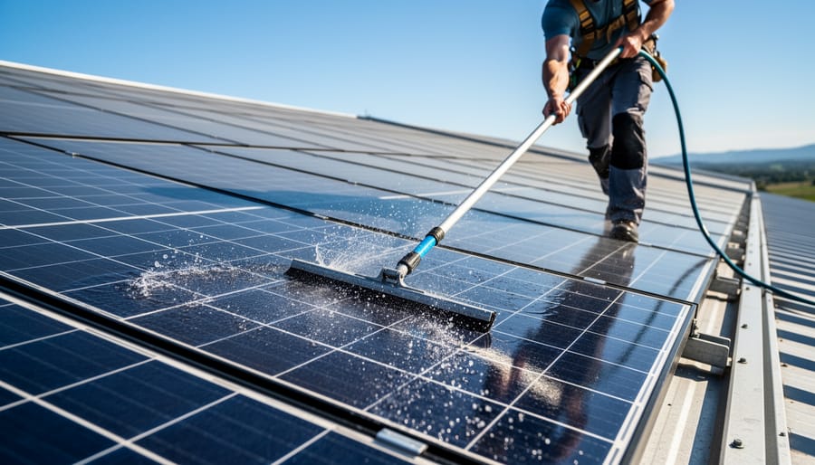 Technician cleaning commercial solar panel with microfiber cloth