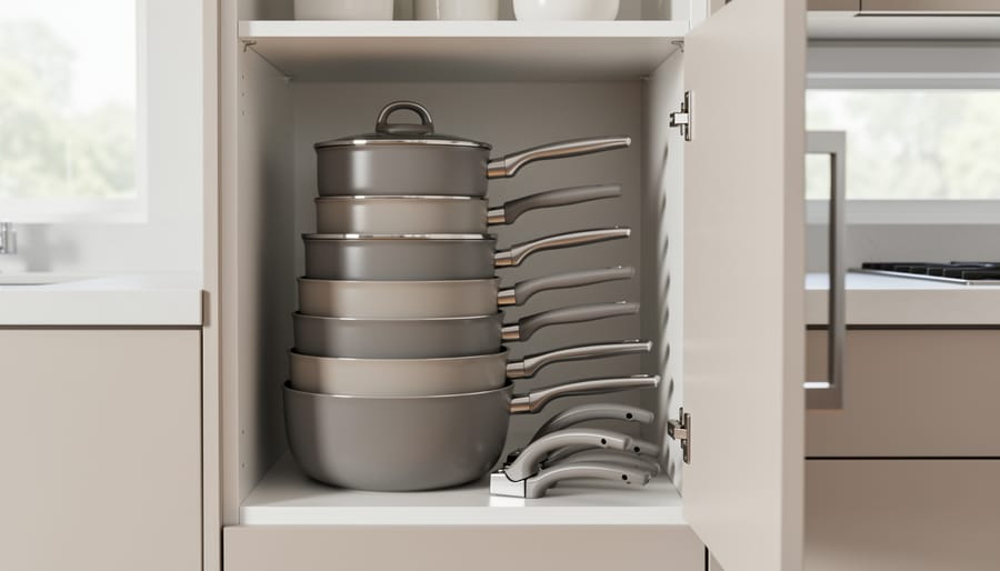 Stacked ceramic pots and pans with removable handles organized in kitchen cabinet