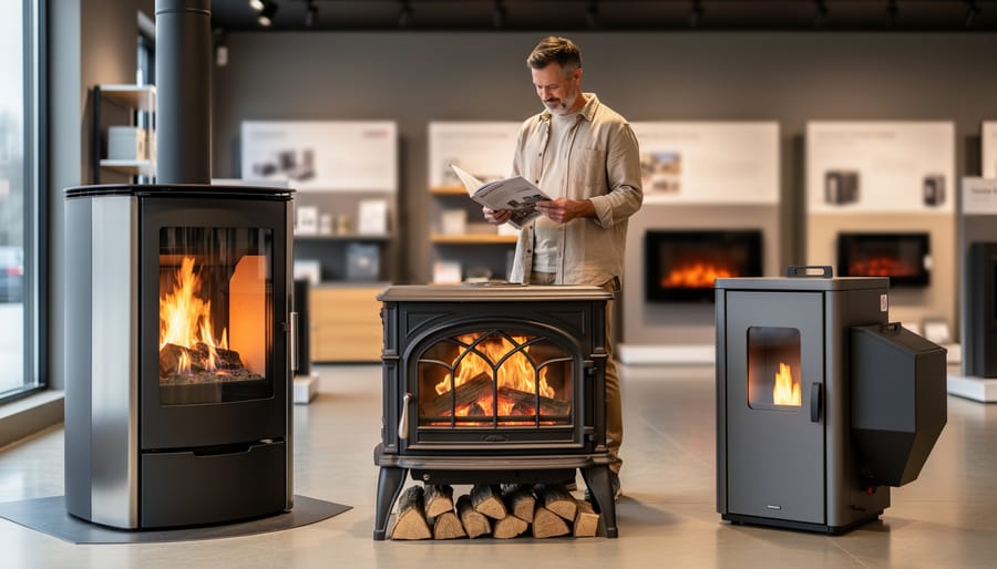 Homeowner in a showroom evaluating three freestanding heating stoves—a cast-iron wood-burning stove with flames and stacked logs, a glass-front gas stove with a vent pipe, and a compact pellet stove with side hopper—with an electric insert blurred in the background under warm lighting.