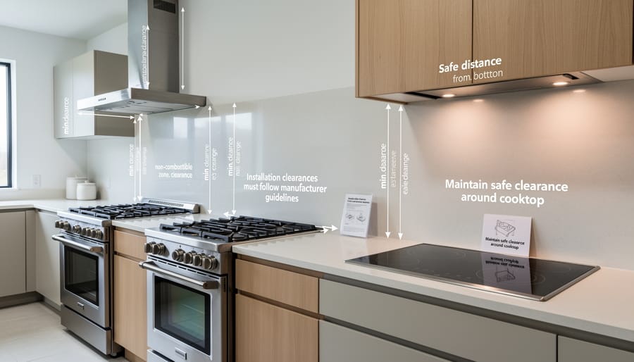 Professional inspector measuring safety clearances around residential stove installation