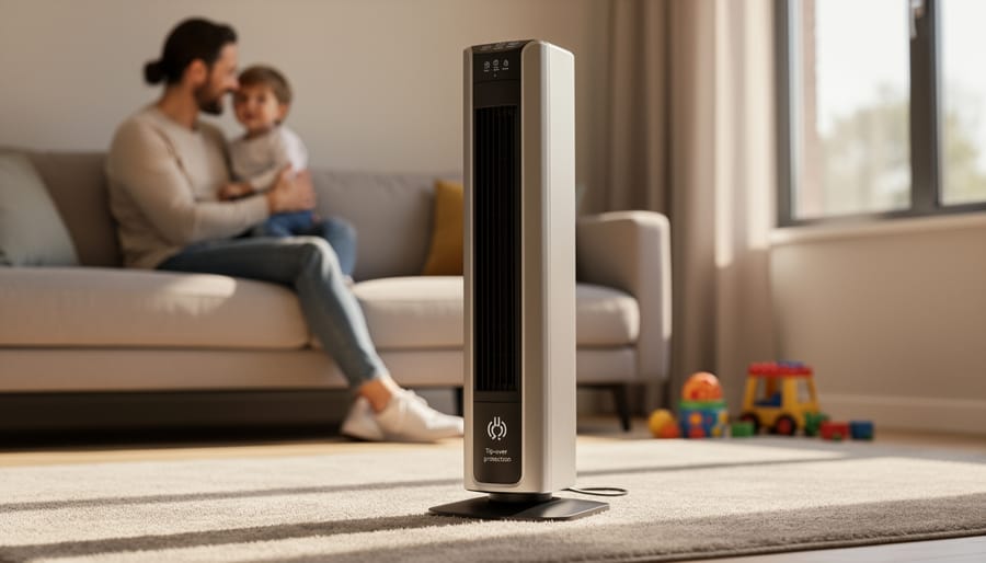 Tall room heater with safety features positioned in family home office setting