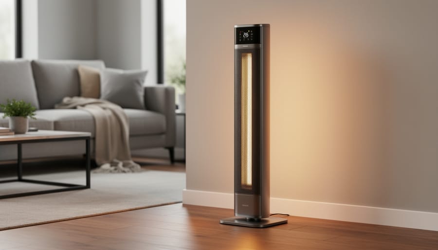 Tall tower heater standing in modern living room corner showing vertical design and compact footprint