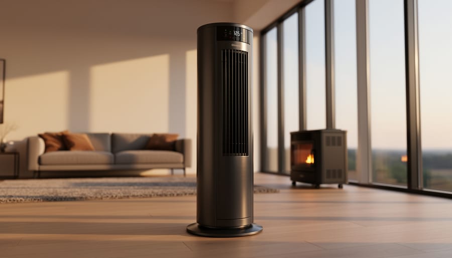 Tall tower space heater in brushed charcoal near a corner of a high-ceiling, open-plan living room with warm sunlight, sofa, rug, tall windows, and a small compact heater blurred in the background