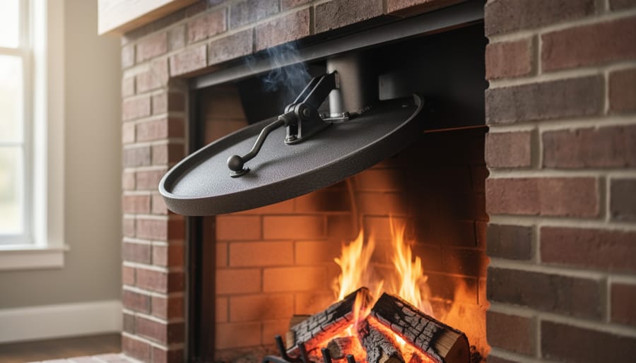 Cast iron throat damper inside fireplace chimney