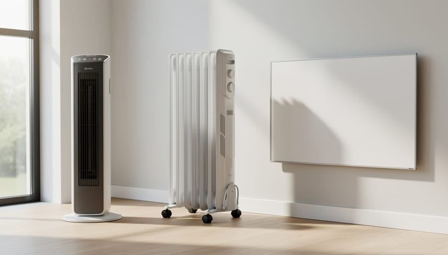 Three types of tall room heaters showing ceramic tower, oil-filled radiator, and infrared panel designs